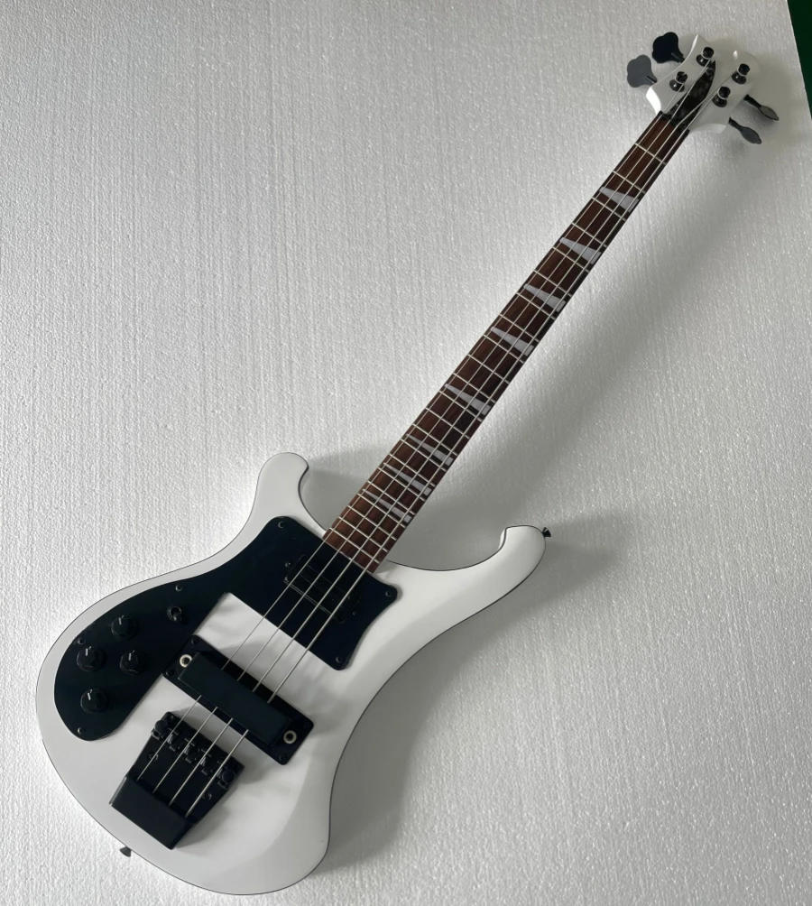 Flyoung Left Handed Milk White Electric Bass Guitar with Black Accessories,Offer Customize