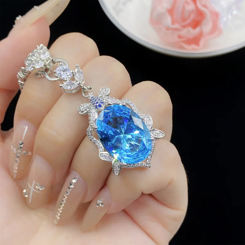 

Ocean Blue Topaz Three-Piece Full Diamond Open Ring for Women Elegant Pendant Earrings Set