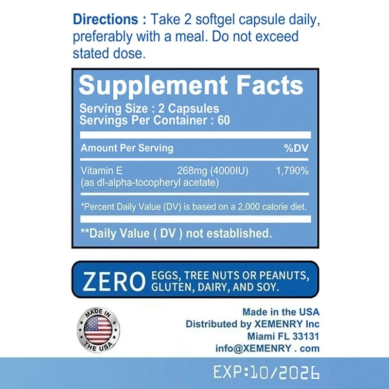 Vitamin E Capsules - Skin Firming, Wrinkle Reduction, Repair Damaged, Anti-aging, Antioxidant, Increase Immune System