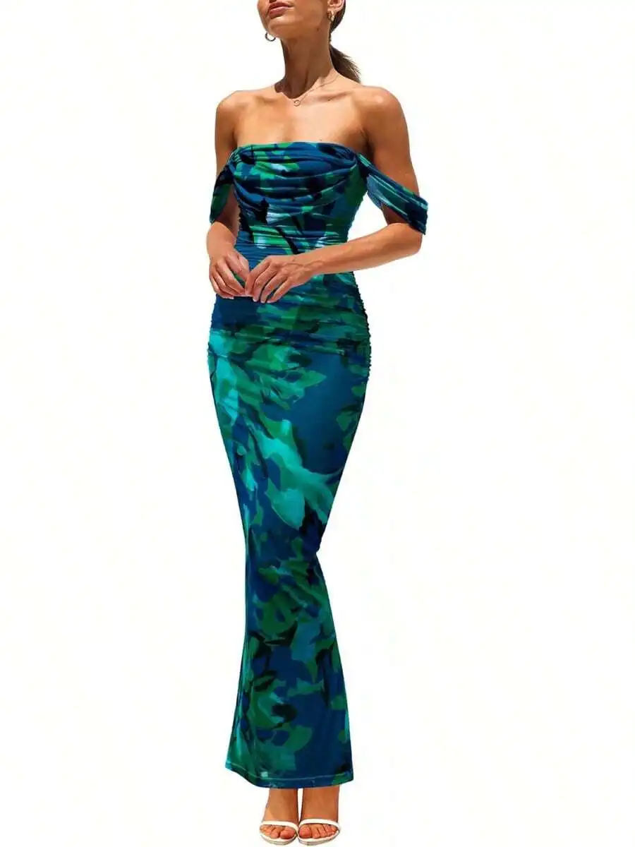 

Elegant Off Shoulder Ruched Maxi Dress Floral Print Summer Cocktail Wedding Guest Dress