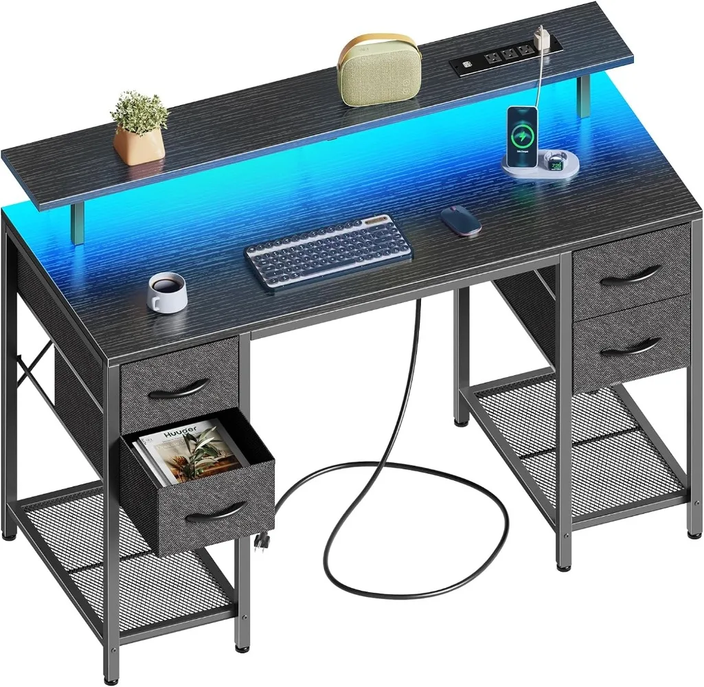 

47 Inch Computer Desk with 4 Drawers with LED Lights & Power Outlets,Home Office Desk with Large Storage Space for Bedroom,Black