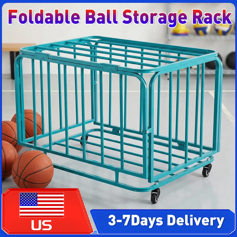 

Folding Ball Storage Racks Cage with Wheels and Lid Sports Equipment Organizer Rolling Storage Cart for Garage Playground School