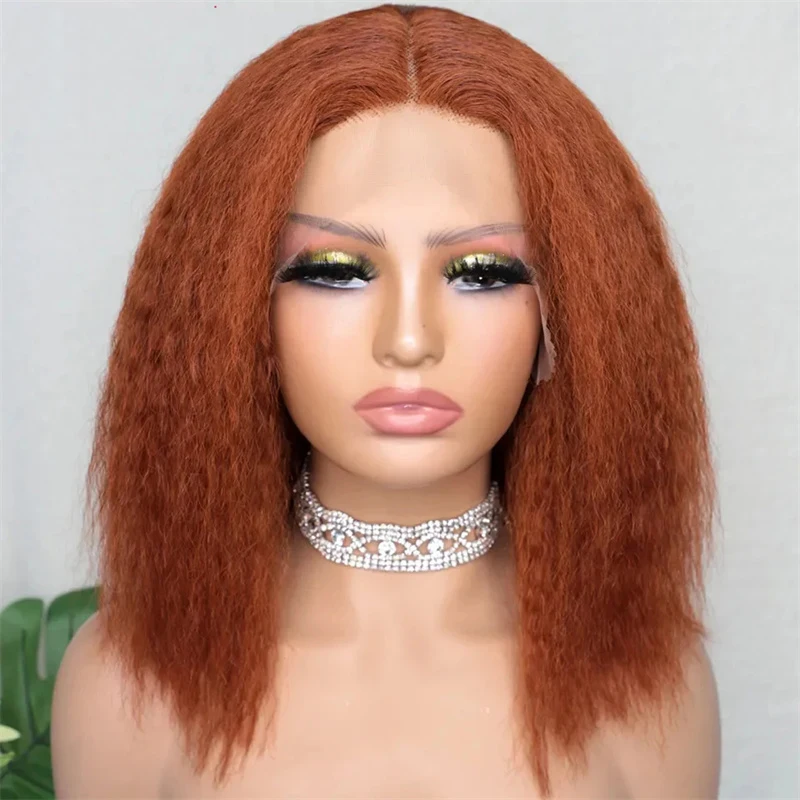 

Yaki Orange Brown 16Inch Short Bob KinkyStraight Lace Front Wig For Women With Baby Hair Synthetic Preplucked Glueless Daily Wig