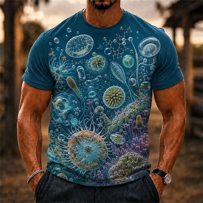 Fashion Marine Life Graphic Men's Summer 3D Printed Crew Neck T Shirt, Glowing Jellyfish Coral Deep Sea Fantasy Ocean Daily Top