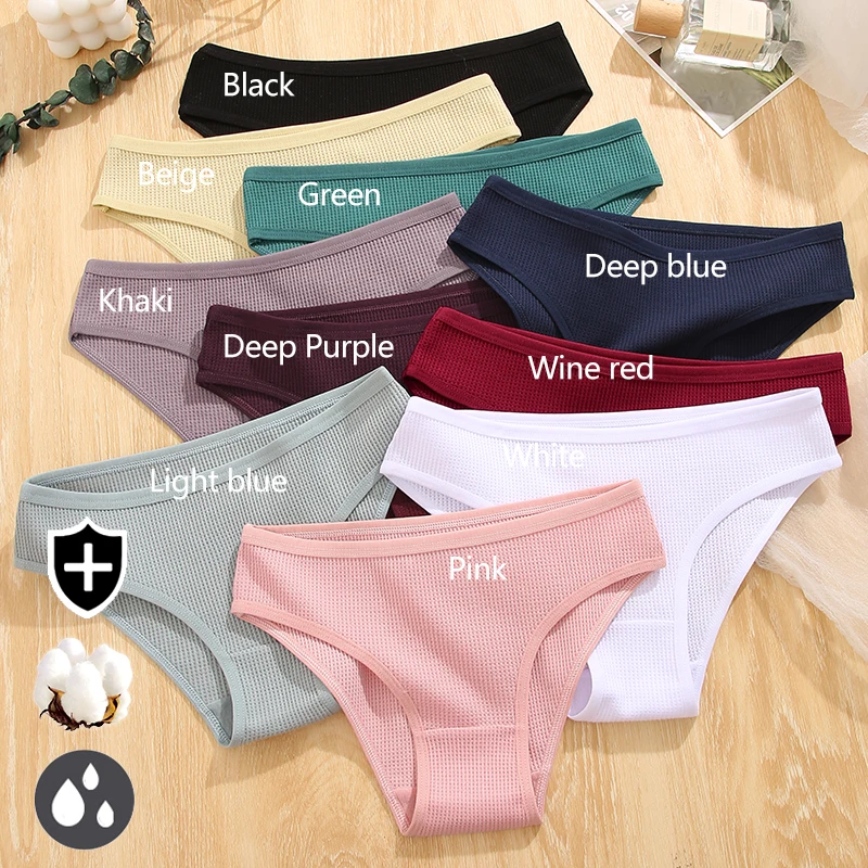 FINETOO 3Pcs/set Women Waffle Cotton Panties S-XL Women\'s Low-Rise Comfortable Briefs Female Soft Underwear Ladies Underpants