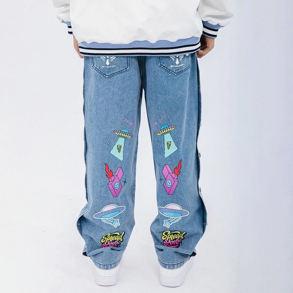 Men Black Denim Pants Fashion Trousers Oversize Cartoon Graffiti Loose Wide Leg Pant Cargo Jeans Streetwear Hip Hop Punk