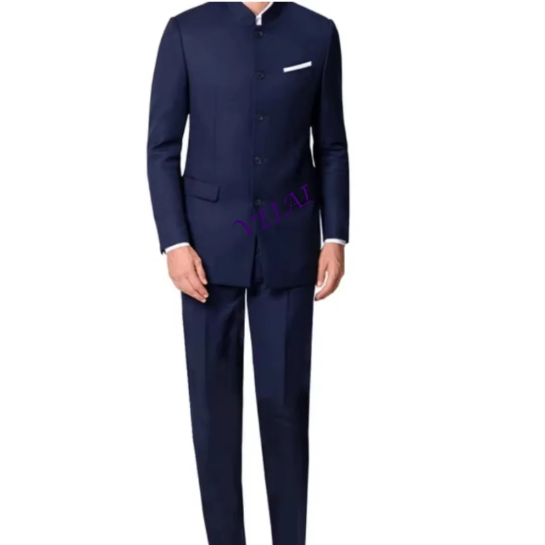 

Костюм-двойка мужской темно-синий с воротником-стойкой: пиджак и брюки для свадьбы, торжественных мероприятий, деловых встреч и выпускных вечеров