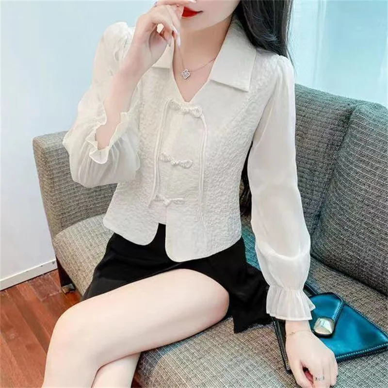 Chinese Style Chiffon Shirt Button Shirt Women\'s Long Sleeved Spring AutumnThin Waist Tightening And Slimming Top WhiteShirt