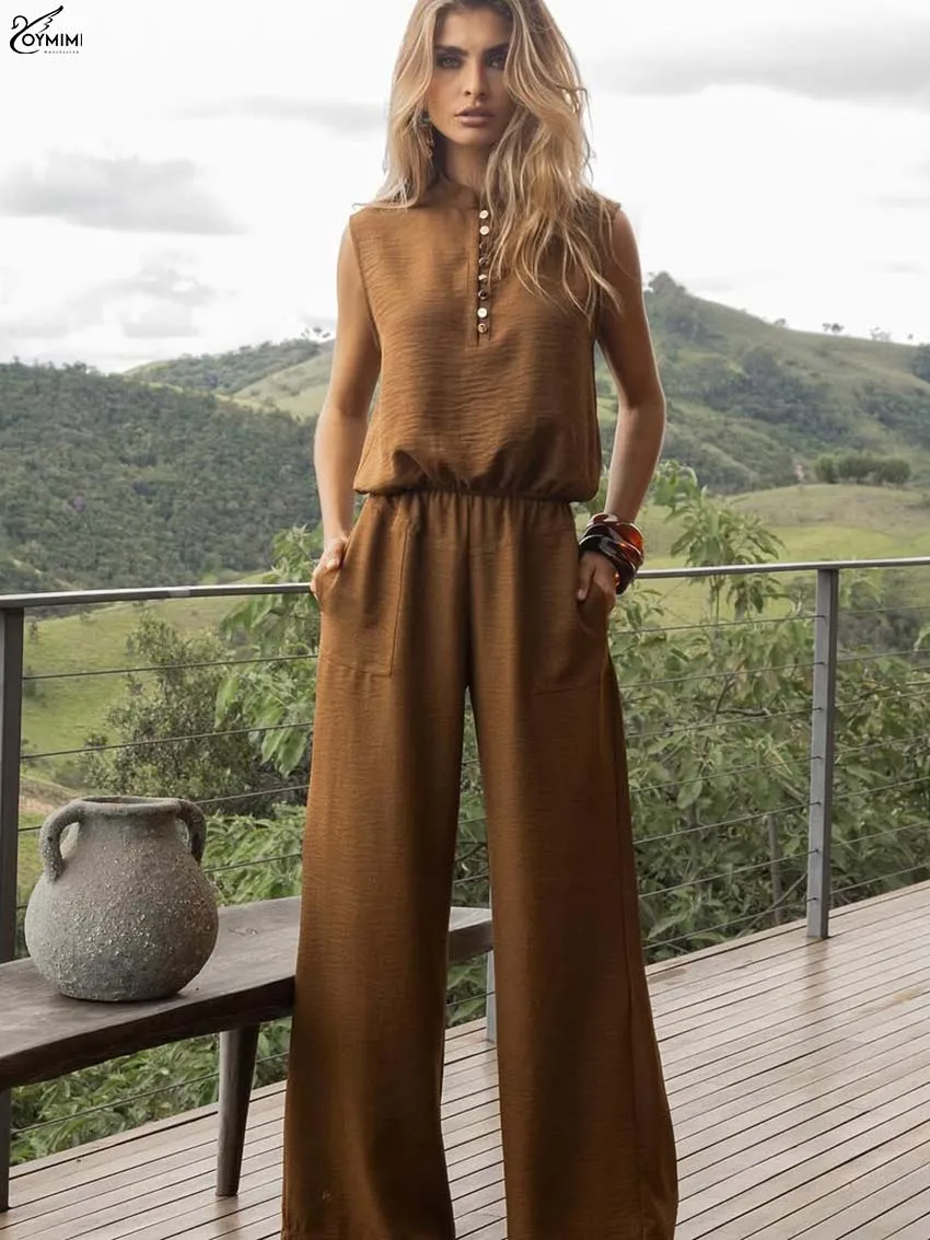 

Oymimi Casual Brown 2 Piece Sets Woman Outfits Fashion Turtleneck Sleeveless Button Tops And High Waist Pockets Trousers Sets