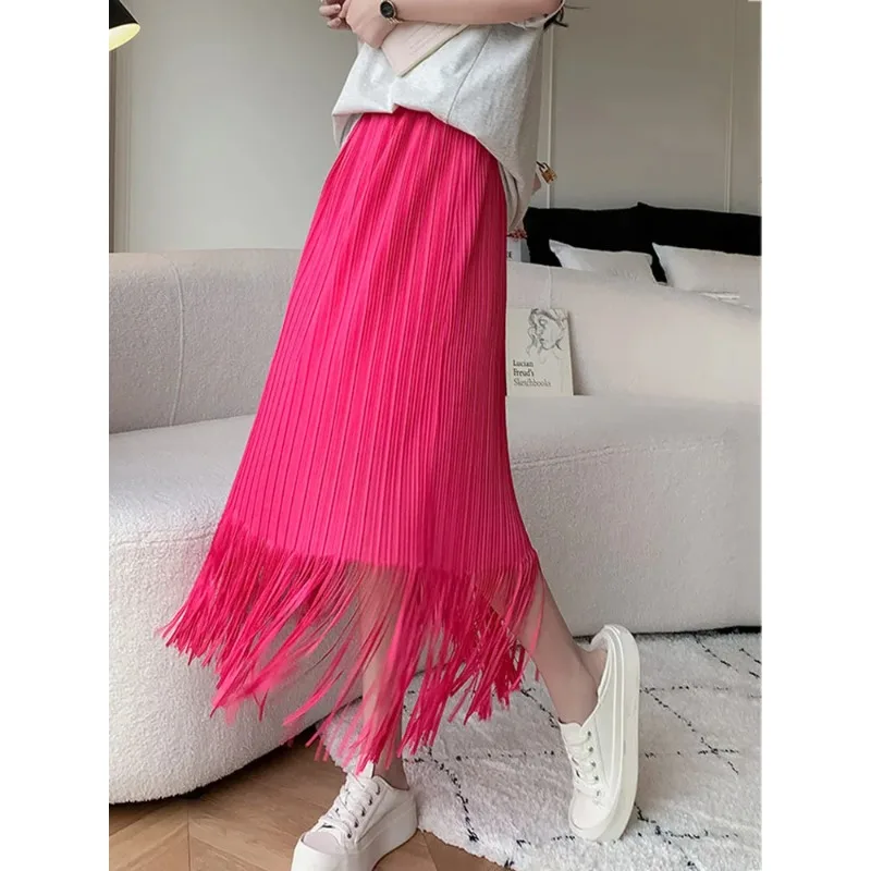 

Miyake Tassel Pleated Skirts for Women High Waist Solid Color Mid Length A-line Skirts Female Party Clothing 2024 Spring Female