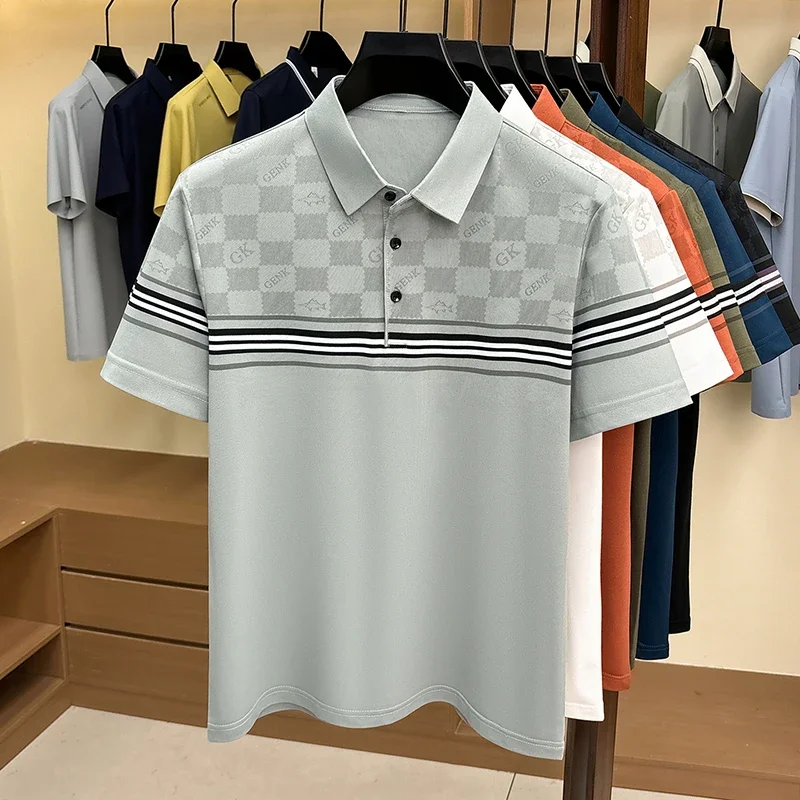 Delicate grid jacquard polo tee men lapel two button collar horizontal sleeve stripe elastic anti wrinkle office walking top