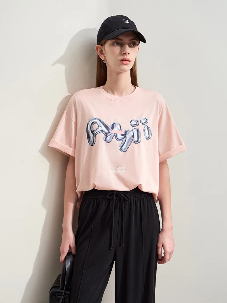 Amii minimalismo 2024 verão novas camisetas casuais soltas noções básicas de comprimento médio letras impressas o-pescoço moda topos femininos 12442286