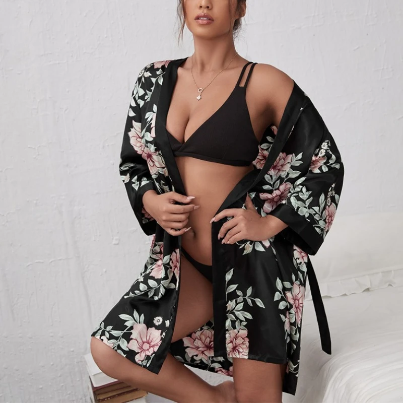 

Krismile Satin Plus Size Women Robes 2025 New Japanese Style Lazy Print Loose Fit Homewear Pajama Chic Bathrobe with Belt
