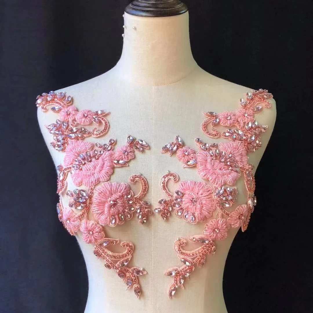 1 Pair Pink Crystal Beads Bodice Patch Applique with 3D Flower for Silver Rhinestone Dance Costume,Clothing DIY,Bridal Dress