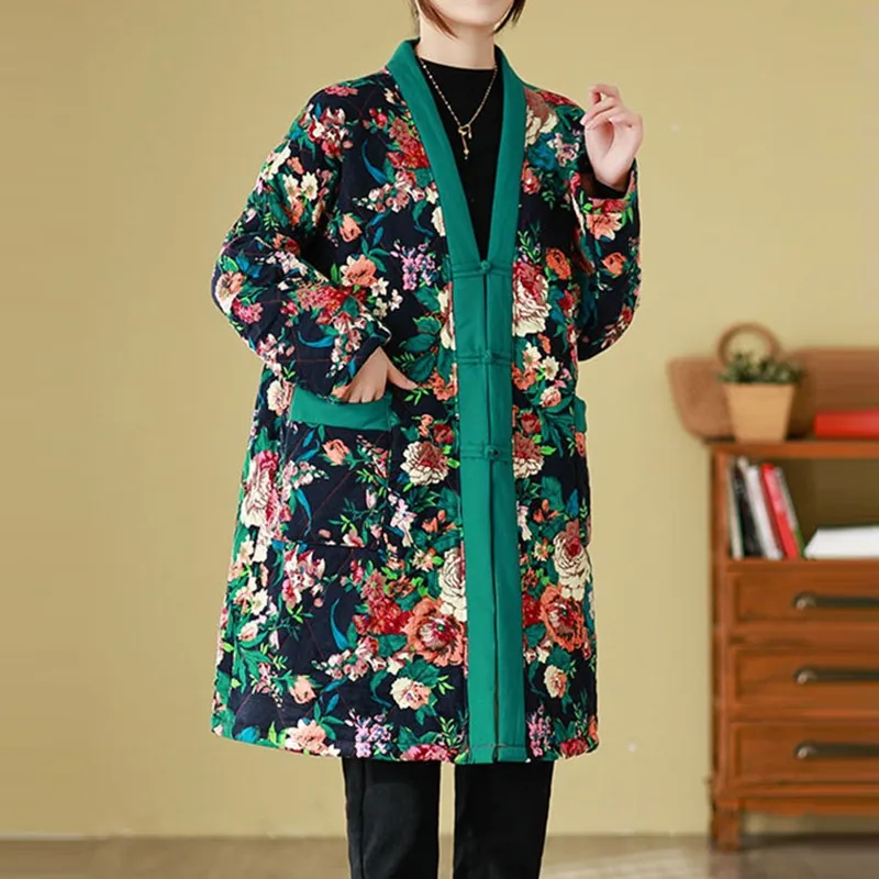 Women Casual Padded Coats New Arrival 2023 Autumn Chinese Style Vintage V-neck Floral Print Loose Female Long Jackets B3209