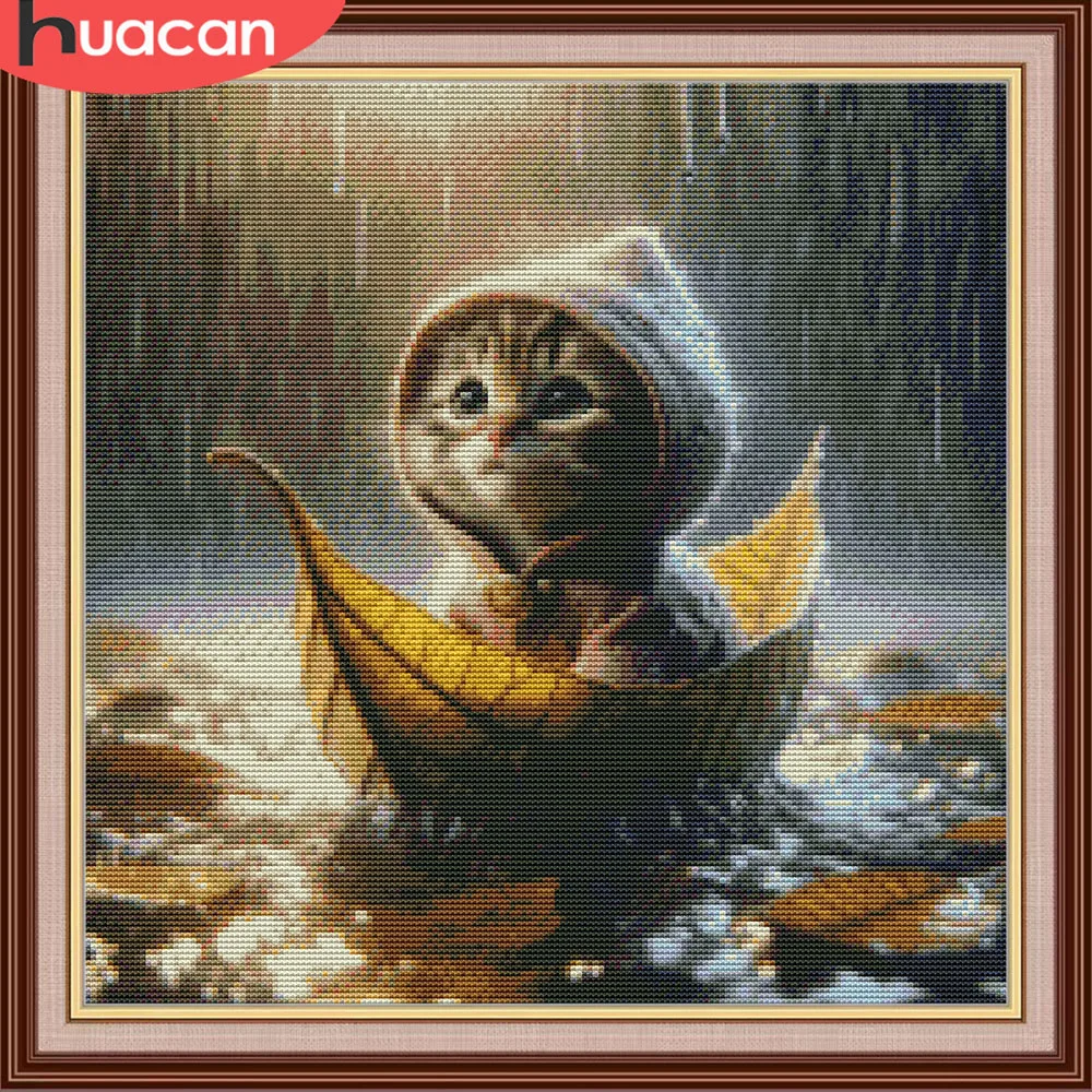 HUACAN Cross Stitch Kit Cat Animal Embroidery Sale Dmc Threads Hobby Craft 11Ct Picture Printed Canvas Home Decor