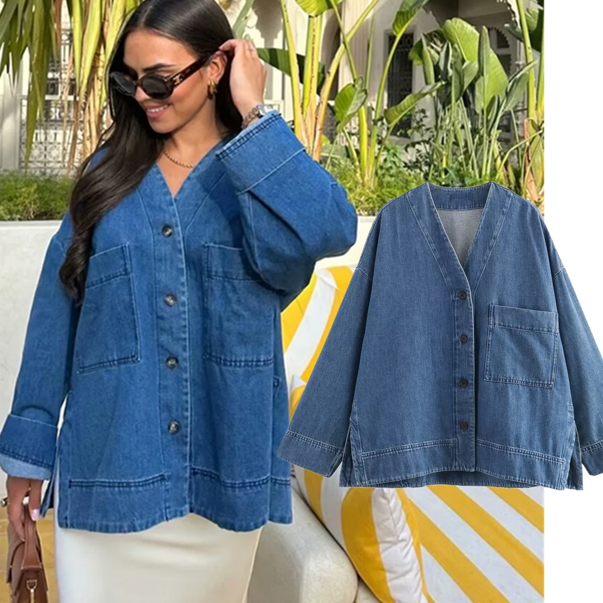 

Jenny&Dave Vintage Loose Jacket Girls Autumn Denim Minimalist Blue Denim Coat Off Shoulder Jacket Women