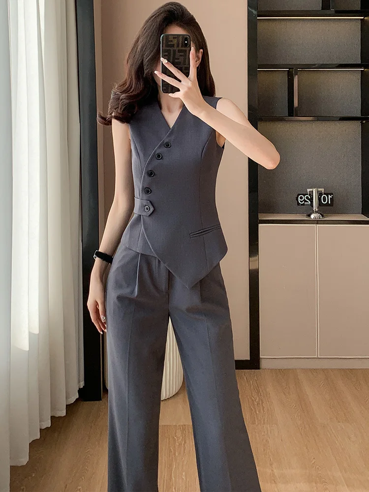 

Summer Women Solid Slim Korean Elegant Business Wear Formal Sleeveless Vest And Wide Leg Long Pant Two-piece Set Fashion Retro