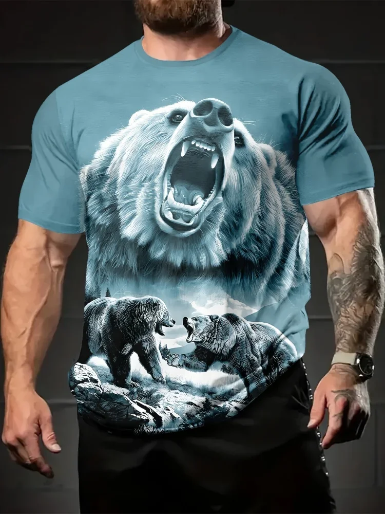 T-Shirt mit Brüllenden Eisbären-Motiv für Herren, Wildlife-Tier-Grafik, Sommerliches Casual-Shirt mit Rundhalsausschnitt, Trendiges Streetwear-Oberteil