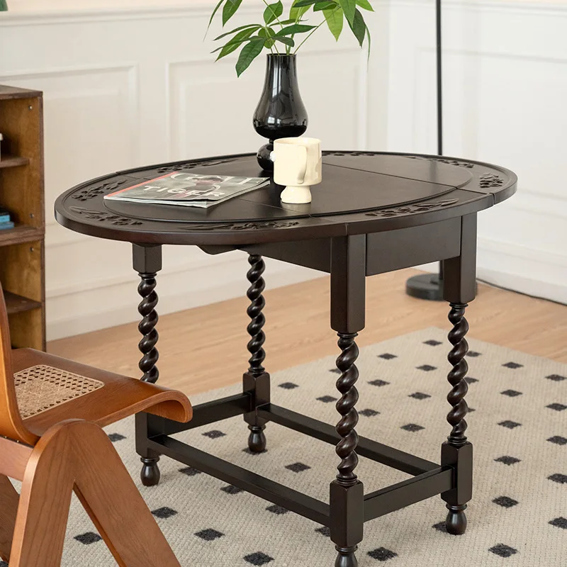 Medieval vintag solid wood table American coffee oval foldable French engraving