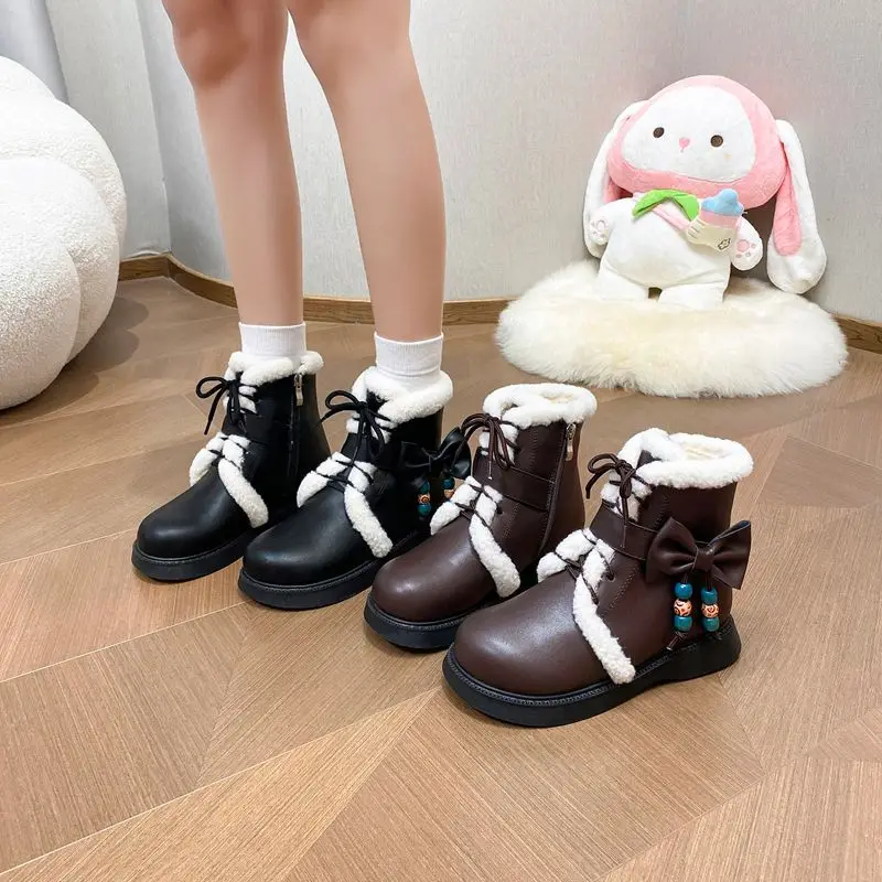 ORCHA LISAFashion أفخم حذاء من الجلد الدافئ جولة تو 2.5 سنتيمتر كعب منخفض سستة الدانتيل يصل Bowknot حجم صغير 31 32 33 طالب الأحذية