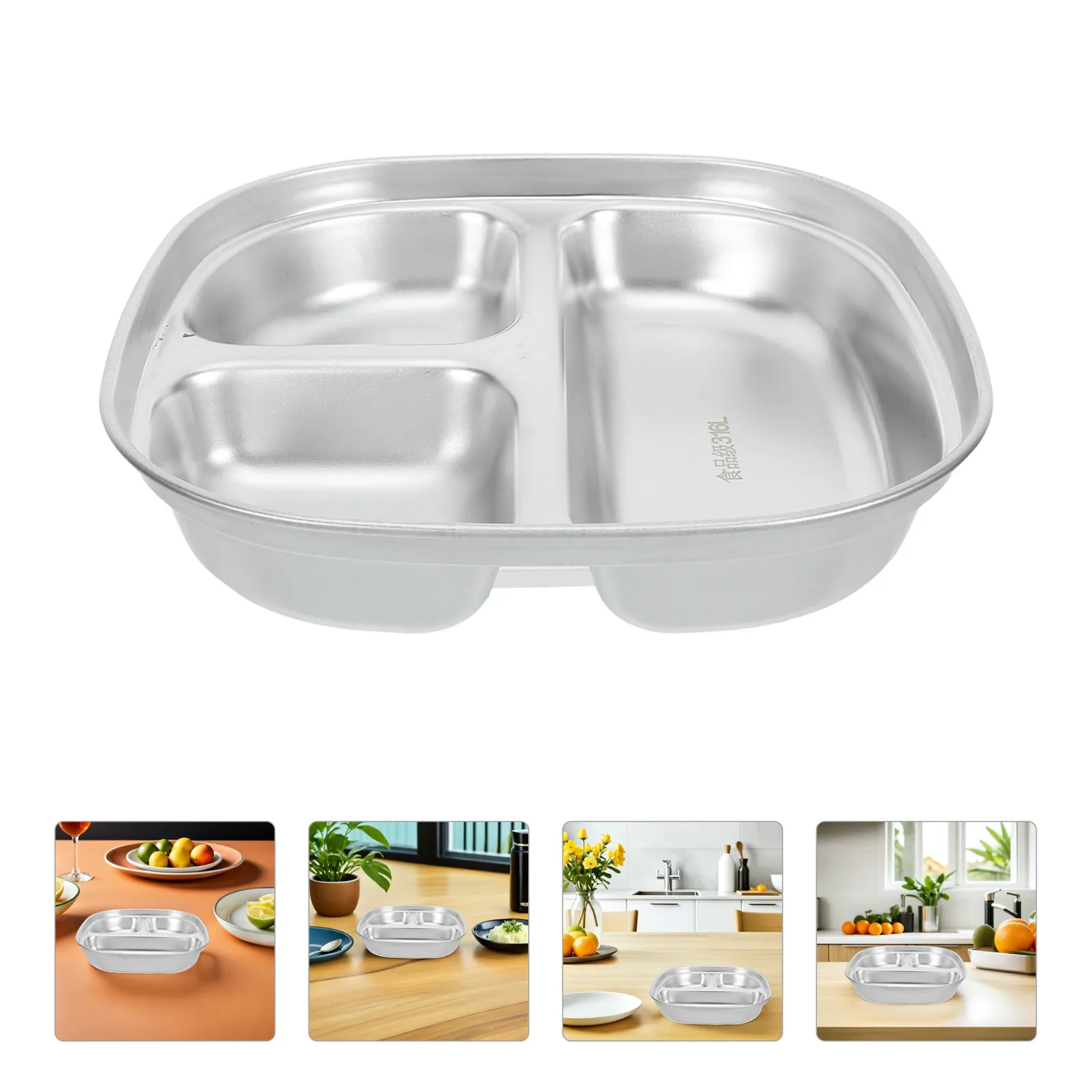 Stainless Steel Divided Plate 3-Compartment Portion Control Serving Platter Reusable Lunch Dinner Tray Meal Management Balanced
