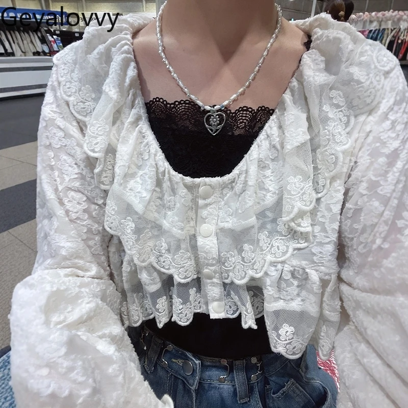 ญี่ปุ่นโปร่งใสเล็กน้อยลูกไม้ Splicing สั้นแขนยาวเสื้อสเวตเตอร์ถักด้านนอกภาษาฝรั่งเศสคําผู้หญิงฤดูใบไม้ผลิและฤดูร้อนเสื้อ