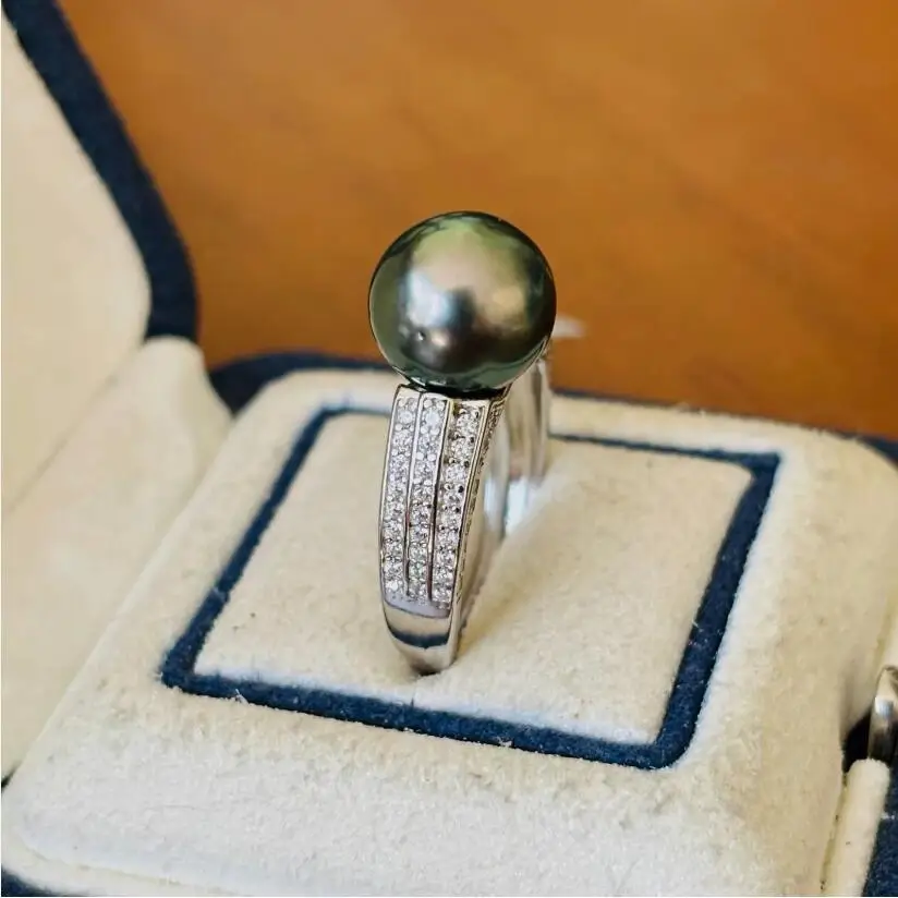 

stunning 10-11mm tahitian round black green pearl ring 925s