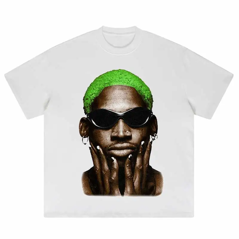 Fashion Vintage Washed Short Sleeve Summer T-Shirt Men Hip Hop Streetwear Dennis Rodman Portrait Print T Shirt Cotton Casual Tee