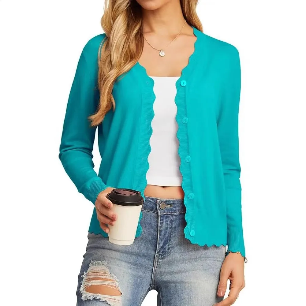 Women's V Neck Three Quarter Sleeve Slim Fit Lightweight Solid Color Button Cardigan for Women Long Cardigan Female Outerwear