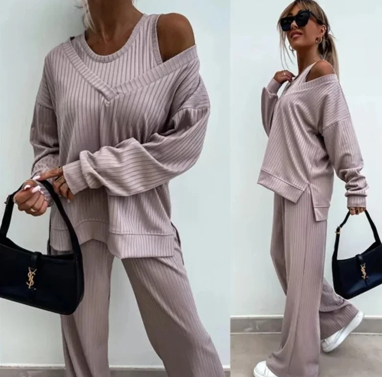 

Новый женский однотонный жилет из Европы и США с длинными рукавами и v-образным вырезом, повседневные брюки, комплект из трех предметов