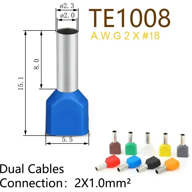 100pcs/lot Copper Insulated Ferrules Lug Twin Cables Type 2x1.0mm² AWG 2X#18 Electrical Cord End Terminal Crimping Lug TE1008