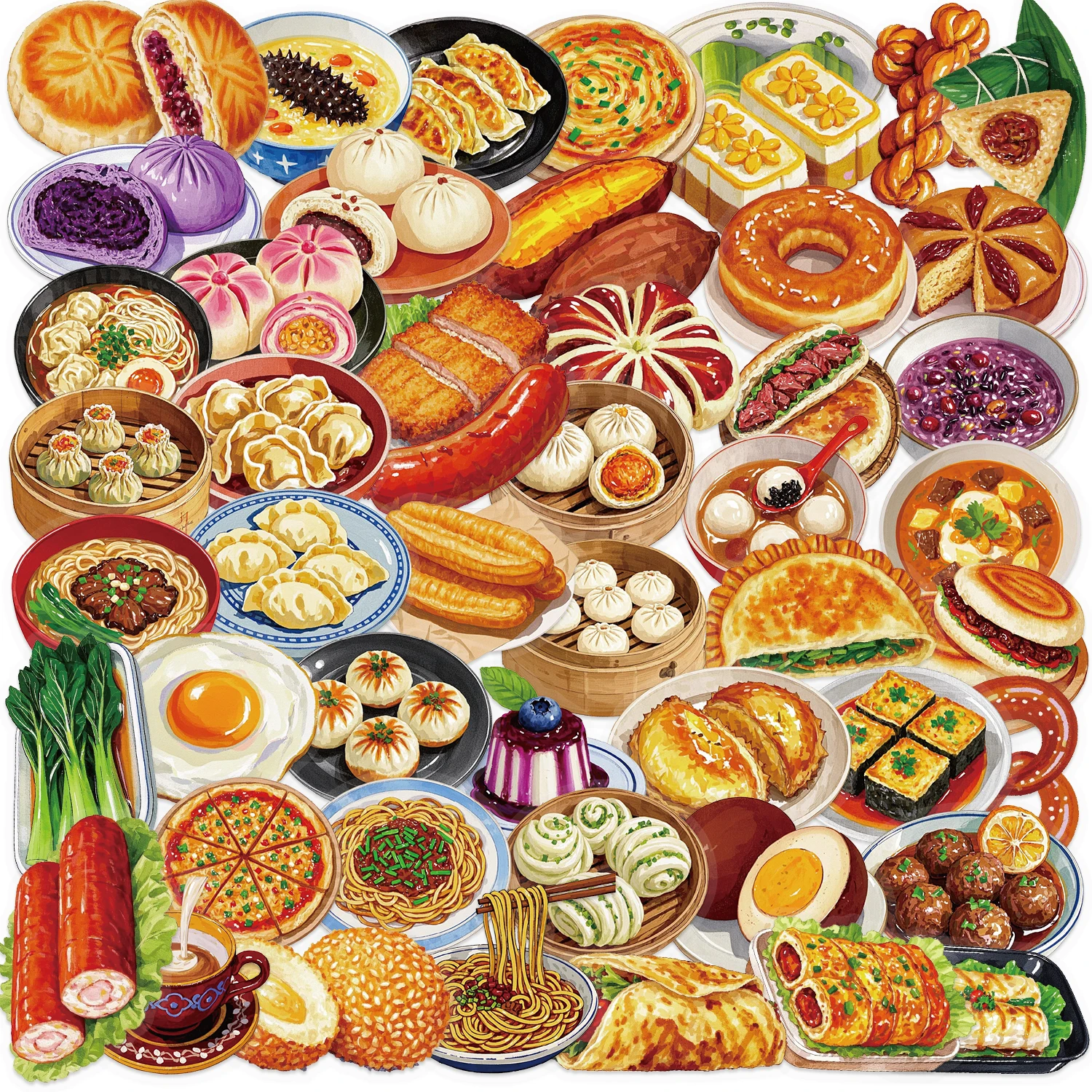 50 Uds. Pegatinas creativas de menú de receta de desayuno chino, decoración DIY, manuales, fundas de teléfono, tazas de agua, pegatinas de película de Color