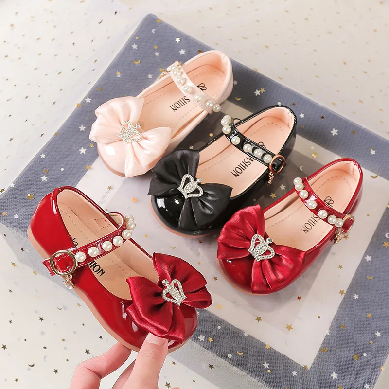 

Zapatos 2025/Новые туфли Мэри Джейн для девочек, удобные противоскользящие детские кожаные туфли с бантом, простые универсальные туфли принцессы с водными бриллиантами для девочек