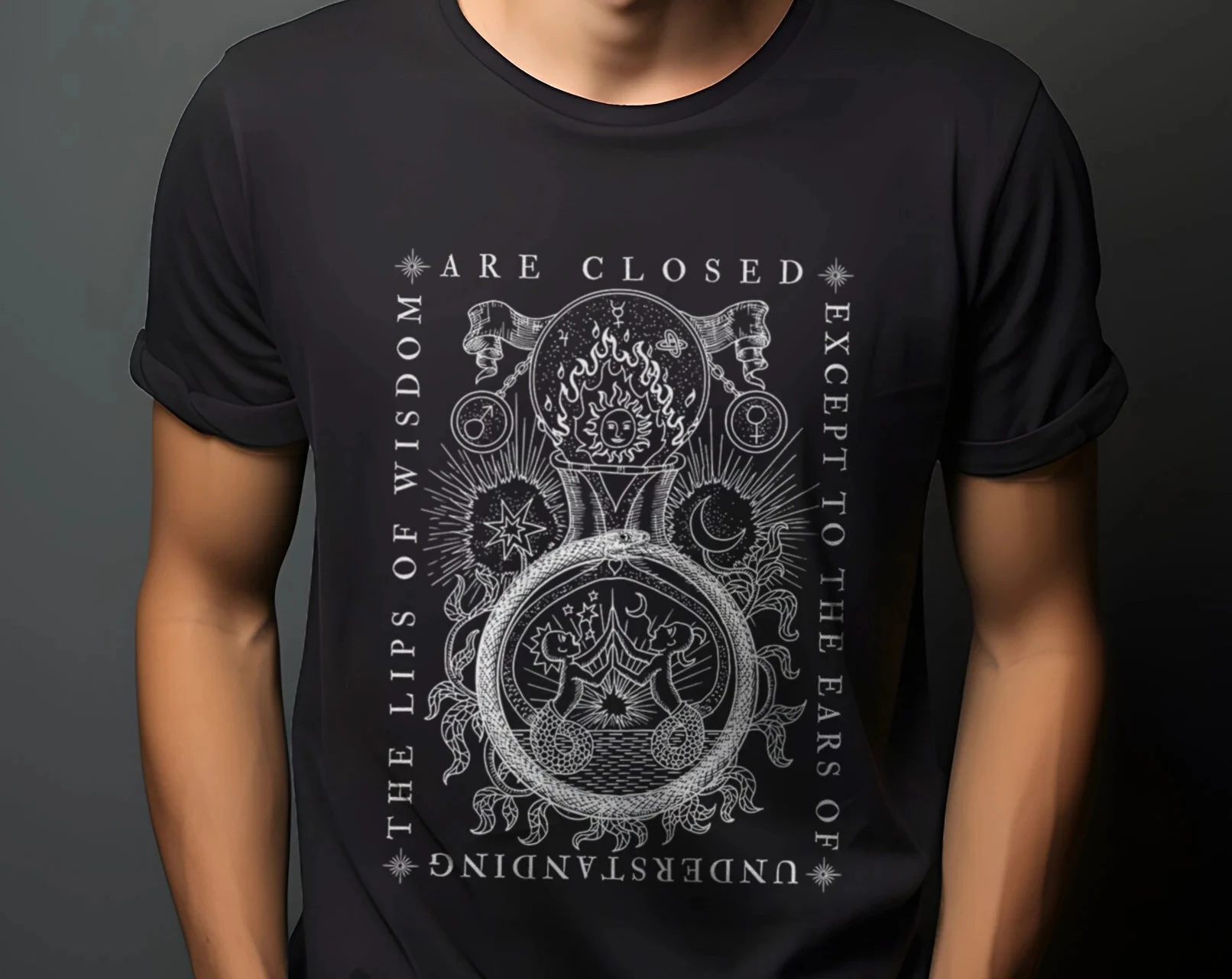 Camisa de alquimia oculta ouroboros, roupas alternativas esotéricas nervosas, camisetas gráficas, retrô, streetwear, camiseta masculina de manga