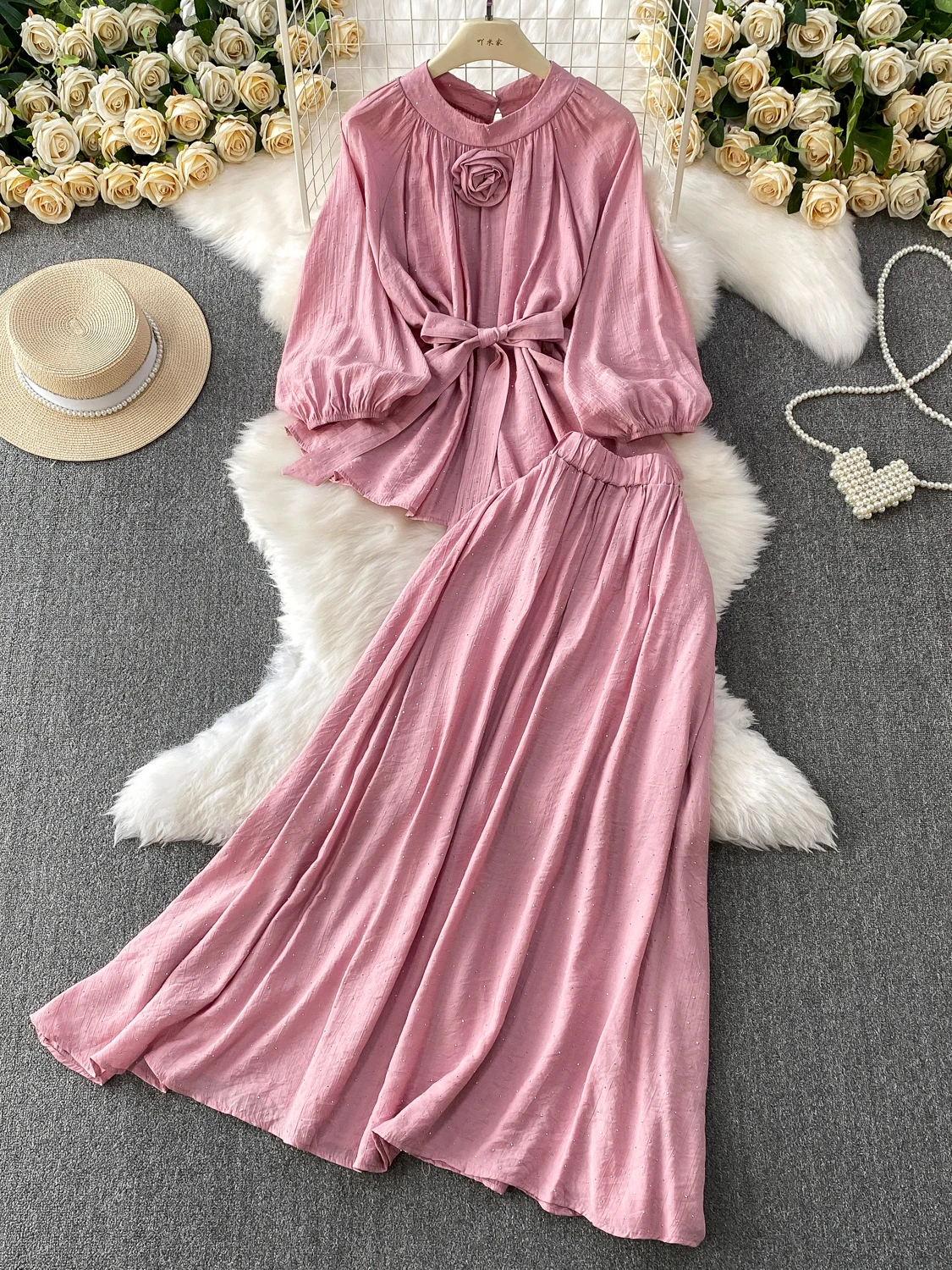 SuperAen الوردي ثلاثي الأبعاد زهرة س الرقبة الخصر الماس الأعلى الصيف عالية الخصر ألف خط تنورة طويلة قطعتين مجموعات