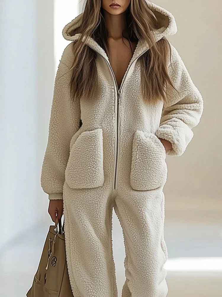 

Autumn Winter New Solid Color Fur Jumpsuits Elegant Long Sleeve Hoodies Playsuits Overalls Fashion Pocket Warm Commute Rompers