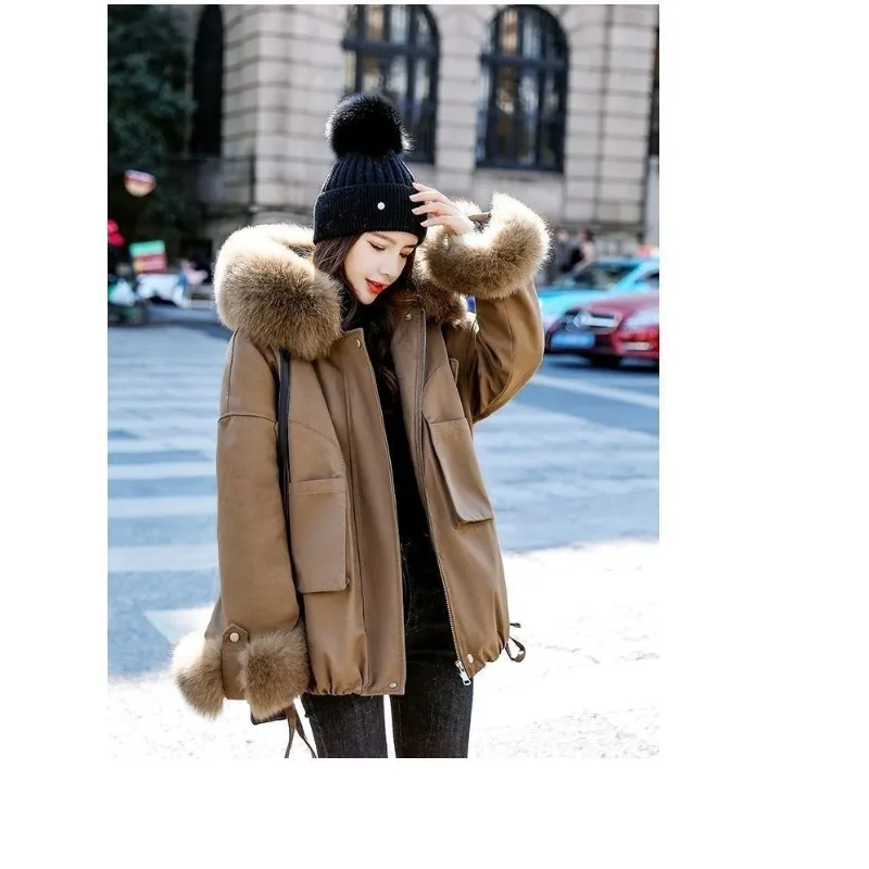 Women's Clothing Parka Winter New Petite Fleece Lining Thicken Design Fur Collar Cargo Coat Cotton Jacket Hooded Outerwear