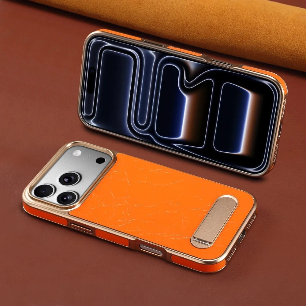 

Luxury Genuine Cowhide Leather Case for iPhone 17 Pro Max Air 16 15 14 13 Pro Built-in Magnetic Metal Invisible Bracket Cover