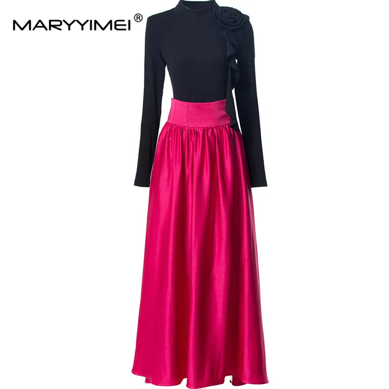 MARYYIMEI Autumn and winter Women's Suit Appliques Flounced Edge Splicing Long-Sleeved tops+Solid Color Skirt 2 piece set