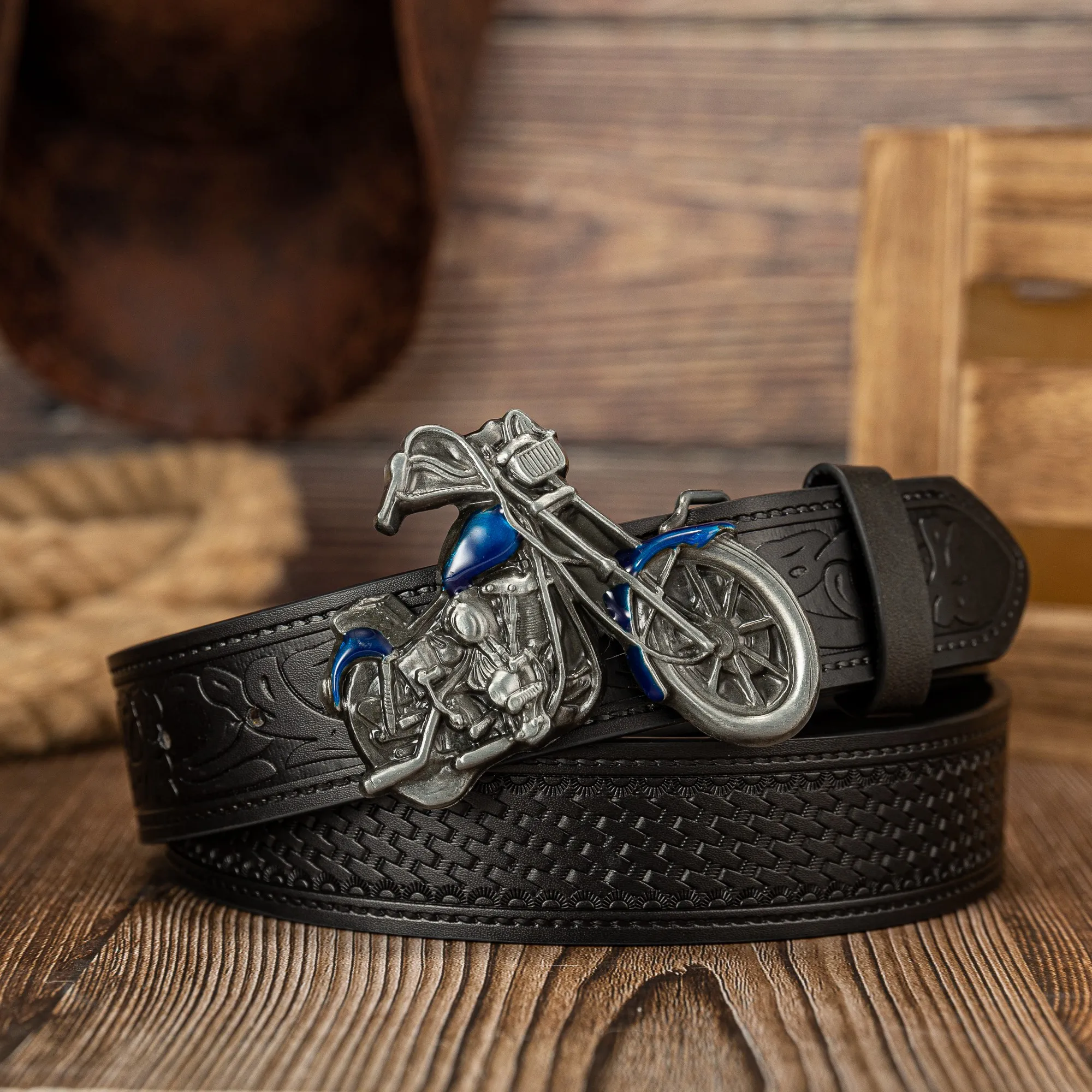 Transportation vehicles school bus motorcycle large buckle personalized trendy PU embossed button belt