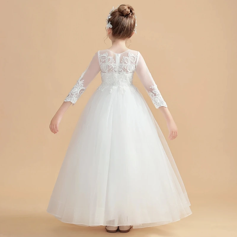 Flower Girl Dresses White Tulle Flory Appliques 3/4 Sleeve For Wedding Birthday Party Holy Communion Gowns