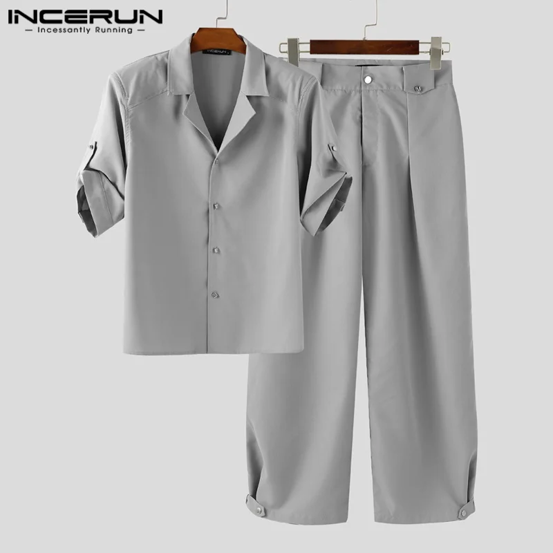 

INCERUN Men Sets Solid Color Half Sleeve Shirt & Pants Two Pieces Sets Streetwear Loose 2025 Fashion Men's Casual Suits S-5XL