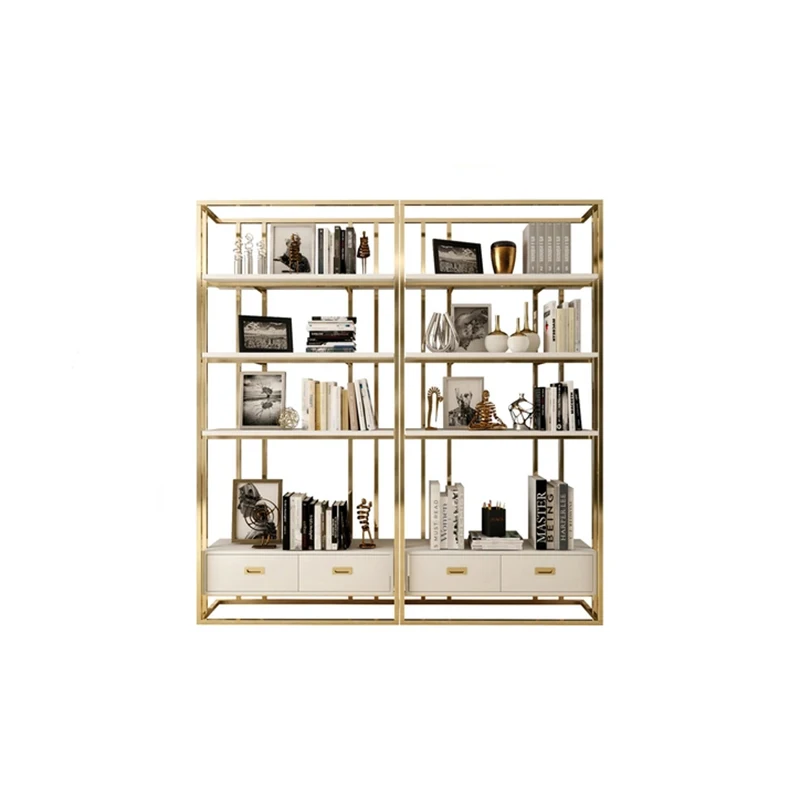 Elegant Stylish Gold Metal Bookshelf Wood Drawer Bookcase