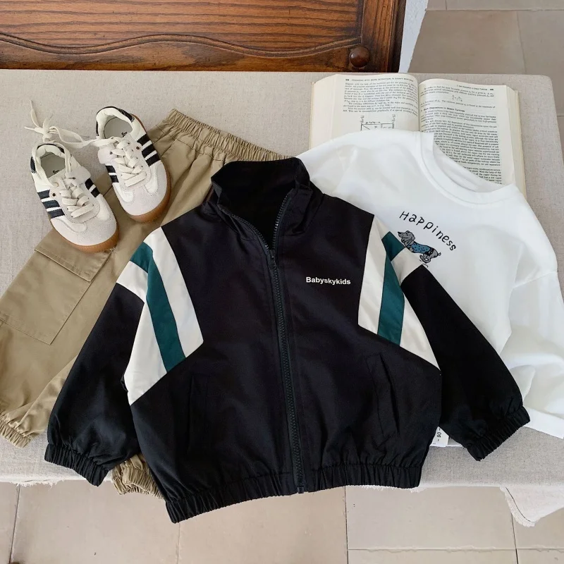 

Children's Coat 2025 Spring New Boys Korean Edition Color Block Hooded Jacket Unisex Sports Color Block Top Spring And Autumn