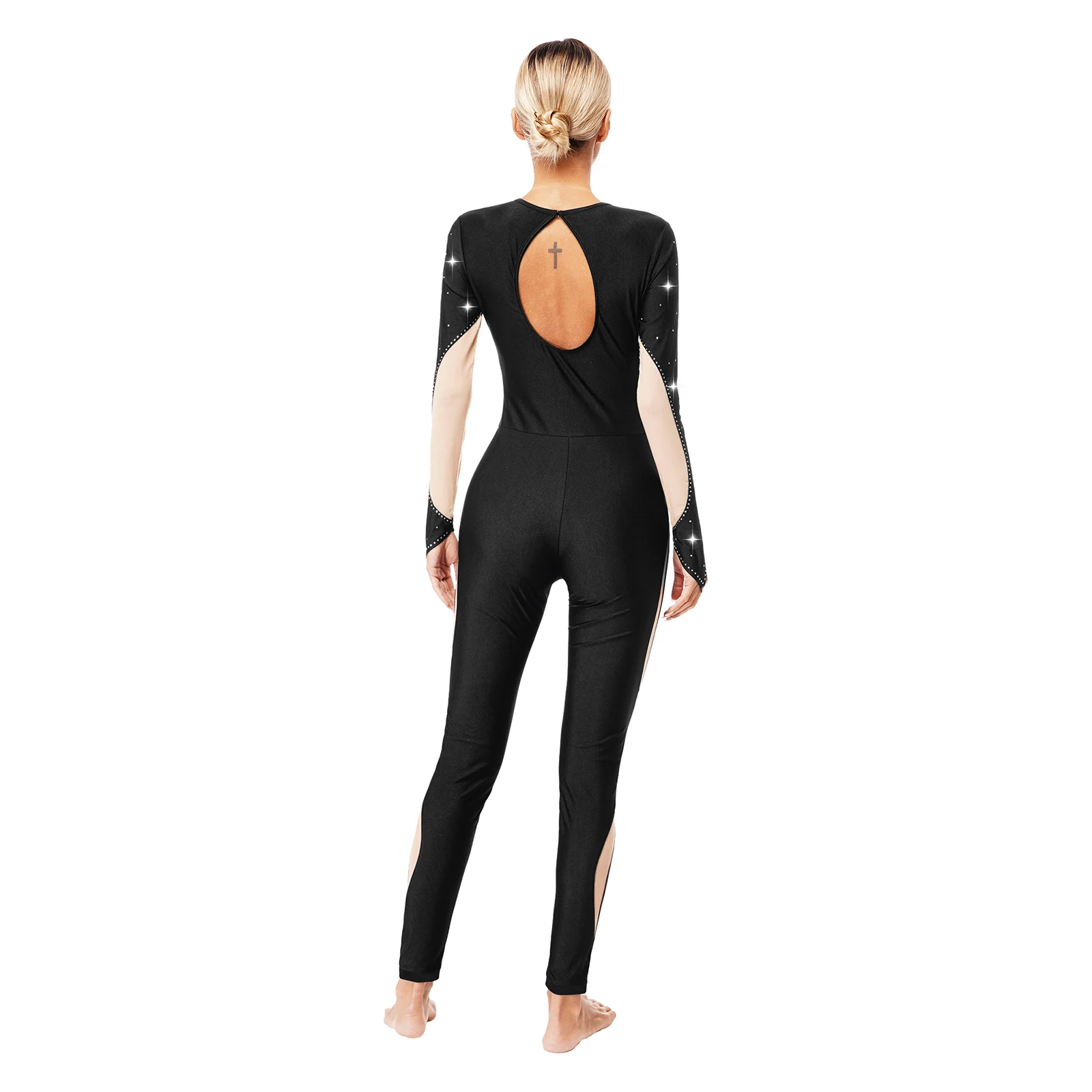 Glittery Ballet Unitards Dance Wear Costume for Adult Long Sleeve Bodysuit Figure Skating Gymnastic One Piece Full Body Jumpsuit