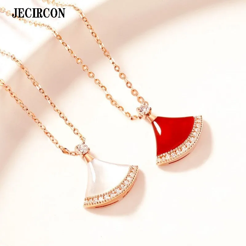 

JECIRCON 925 Sterling Silver Necklace for Women White Shell Fan-shaped Skirt Pendant Light Luxury Design Fashion Clavicle Chain