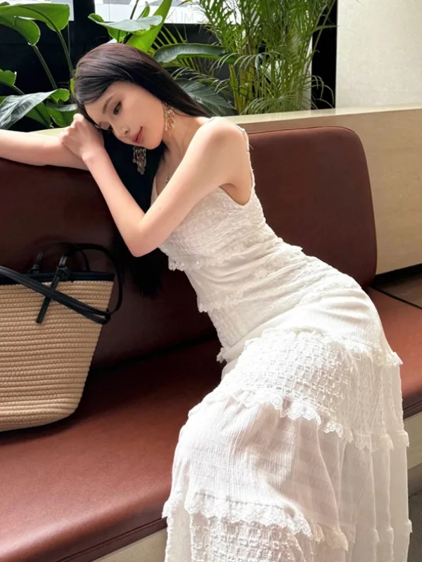 Vestido E Branco Sem Alças para Mulheres, Vestido de Verão com Cintura Ajustada, Saia Longa em Camadas, Vestido A-Line...