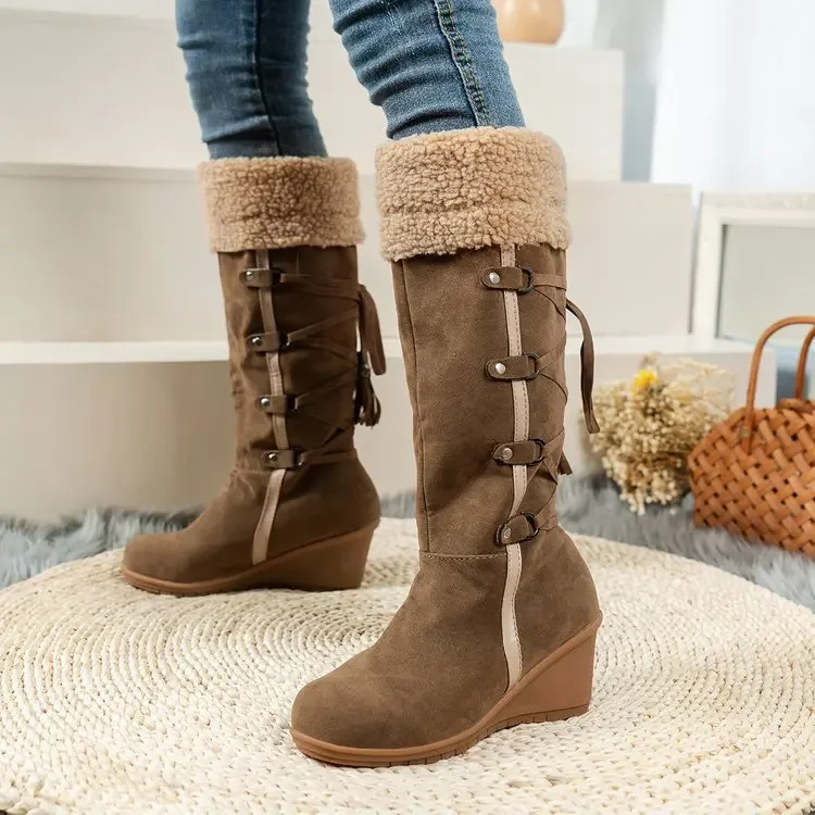 Shoes Female 2023 New Knee-High Women's Boots Warm Modern Boots Women Solid Slip-on Fringe Lace-up Round Toe Wedges Shoes Women