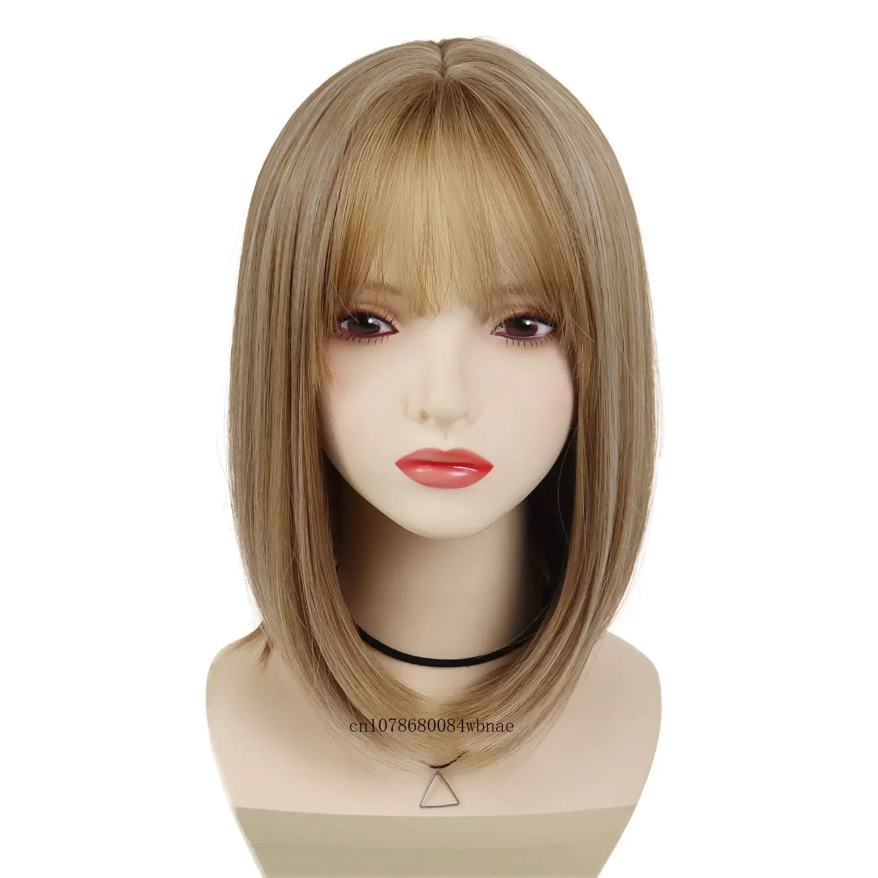 Women light Brown Heat Resistant Synthetic Bob Party Neon Wig Bangs 12 Inch Ombre Blue Wig With Bangs: Dark Brown Synthetic Bob, Cosplay  main image 2